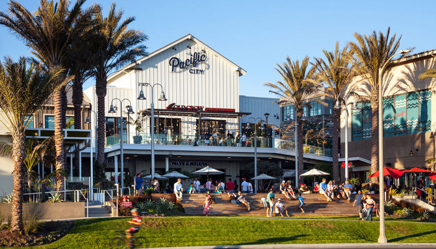 Pacific City in Huntington Beach, Calif. is an open-air complex facing the ocean, with an artisanal food market, a gym and spa, a surf shop and other high-end specialty stores
